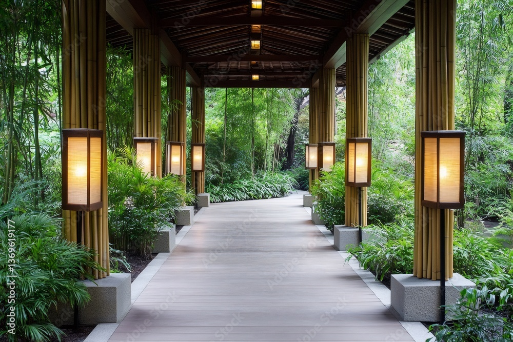 Covered walkway with bamboo columns and illuminated japanese lanterns leading to a peaceful green garden