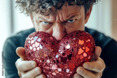 A big sparkling rhinestones heart in hands is a gift. A cute valentine's day greeting from irate face midlife man. Cozy coupleâ€™s love. Romantic candlelight valentine. Romantic heart decor.