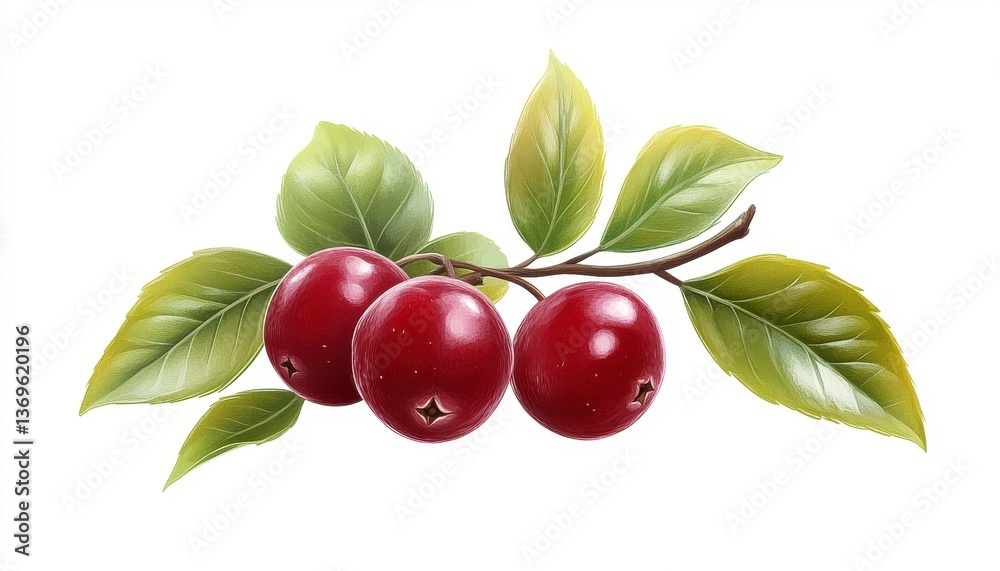 Obraz premium Three Red Cranberries on Stem with Green Leaves Isolated on White Background