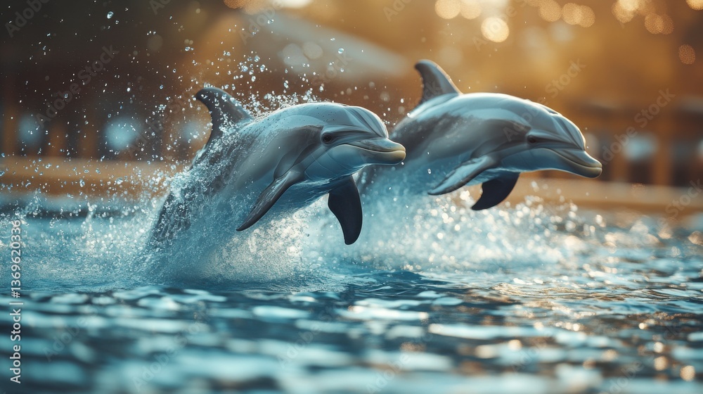 Obraz premium Two Gray Dolphins Leaping from Clear Water Splashing under Sunlight in Bokeh Background