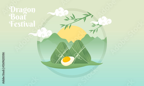 Gradient Happy Chinese Dragon Boat Festival with Rice Dumplings and Zongzi Bamboo Leaves Illustration. Design for Banner, Background, Poster, Social Media Post, and So on.