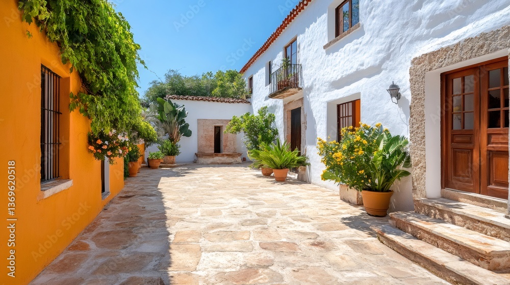 Obraz premium Charming courtyard with colorful walls and potted plants basking in the summer sun