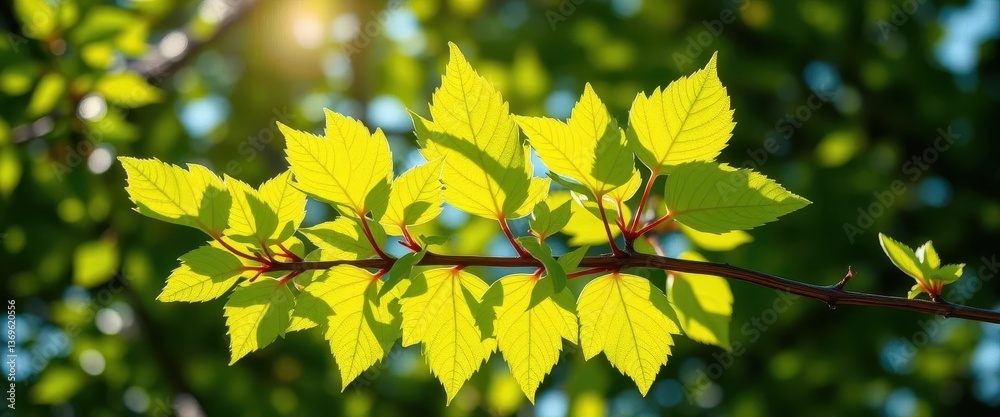 Vibrant green branch with new leaves, sunlight dappled, life, summer, bright Vibrant green branch with new leaves, sunlight dappled, life, summer, bright