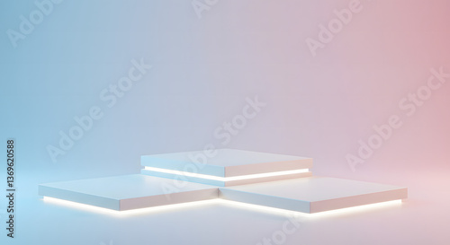 Staggered White Platforms with Soft Glowing Edges and Gradient Blue-Pink Backdrop
