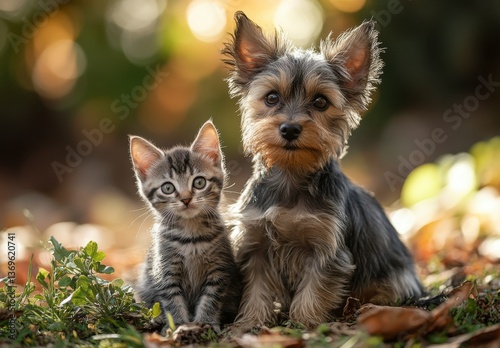 Yorkshire Terrier Puppy and Tabby Kitten Sitting Together Outdoors in Natural Light With Bokeh Background
