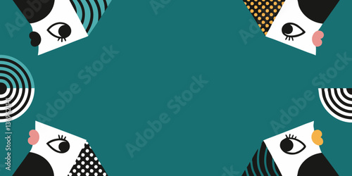 A vibrant mix of shapes and stylized faces.