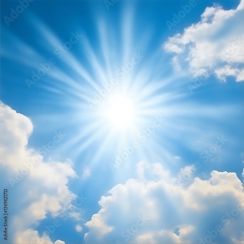 Bright Sun Shining Through Fluffy White Clouds in a Blue Sky