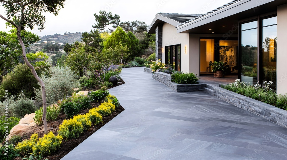Obraz premium Modern house with large terrace and beautiful garden enjoying the sunset