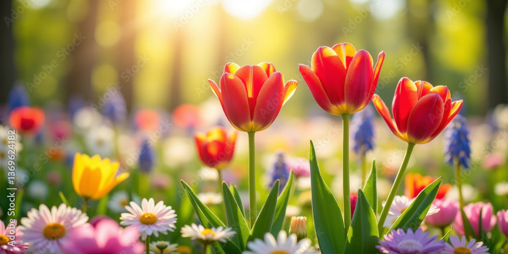 Obraz premium Springtime Tulip Flower Landscape Background with Bright Colors and Lush Greenery