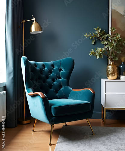 Modern interior of living room with leather armchair on wood flooring and dark blue wall	modern living room with sofa