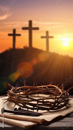 Crown of thorns and nails with three crosses at sunset