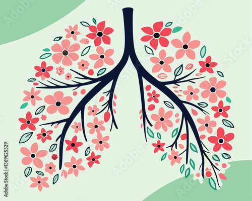 Stylized Human Lungs with Flowers and Leaves: Artistic Respiratory Illustration