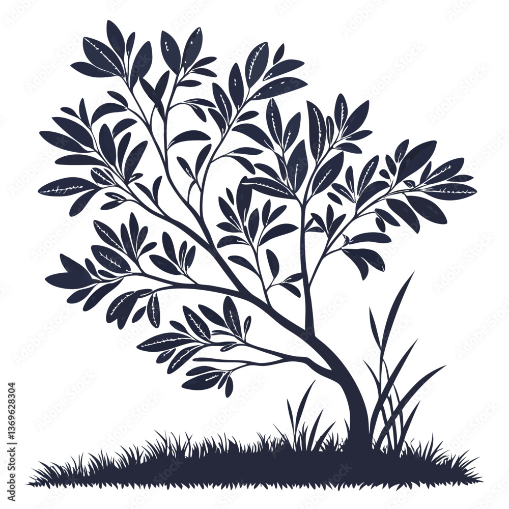 Naklejka premium Bush Tree with Leaves - Vector Silhouette Illustration on White Background | High-Quality Graphics Resource for Designers