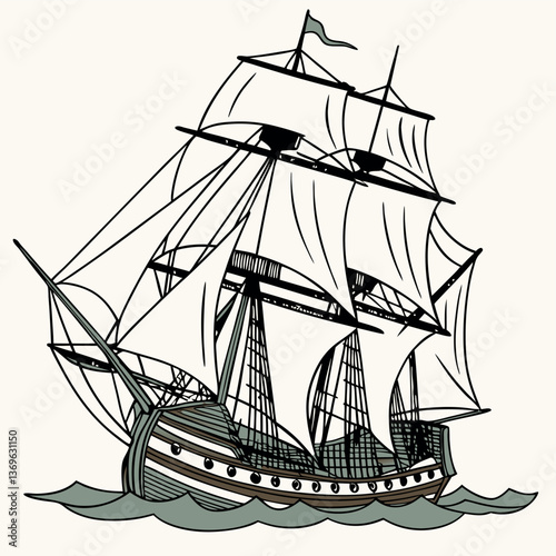 Adobe IllustrHighly Detailed Vector Illustration of a Traditional Sailing Ship with Billowing Sails and Ocean Wavesator Artwork