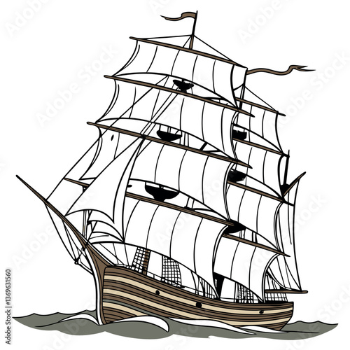 Adobe IllustrHighly Detailed Vector Illustration of a Traditional Sailing Ship with Billowing Sails and Ocean Wavesator Artwork