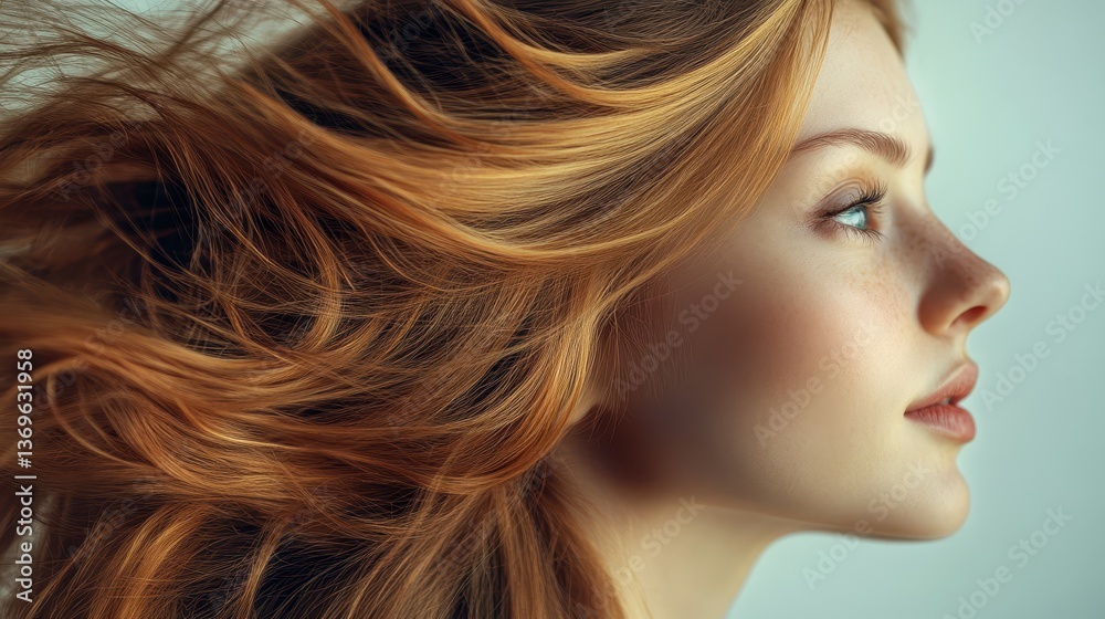 Fototapeta premium Profile portrait of a young woman with flowing red hair and clear skin. Ideal for beauty, hair care ads, or anything about natural beauty.