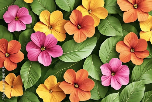 Colorful floral arrangement featuring pink, orange, and yellow flowers with lush green leaves