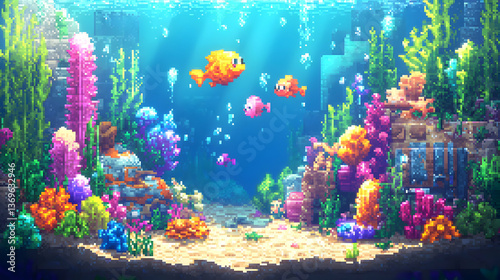 Vibrant Pixel Art Depiction of an Underwater Marine Scene with Coral Reefs Colorful Fish and a Sunken Treasure Chest