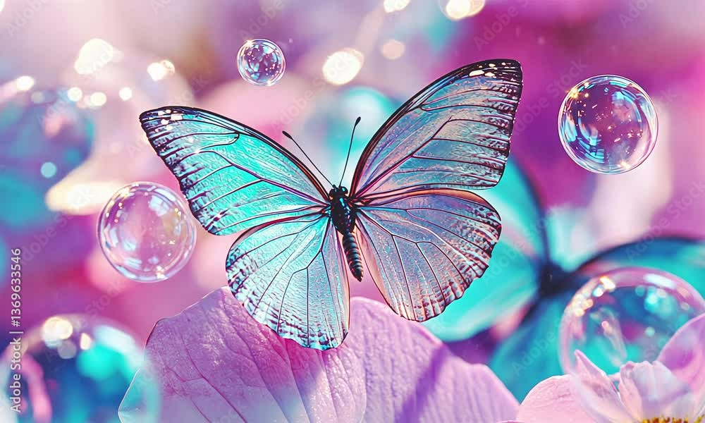 Butterfly on pink bubbles background.
