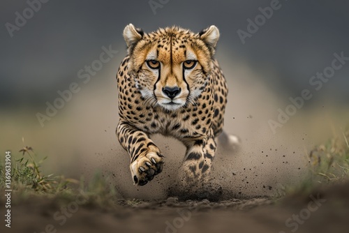 A cheetah sprinting across the African plains, dust flying beneath its paws