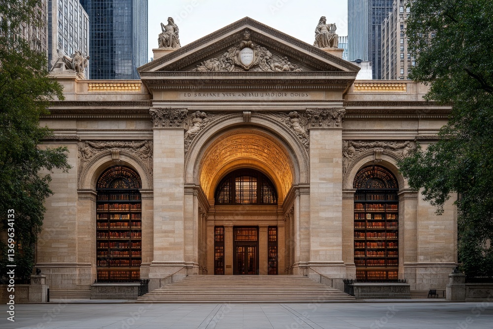 A classic view of the New York Public Library, with its grand stone lions guarding the entrance A classic view of the New York Public Library, with its grand stone lions guarding the entrance