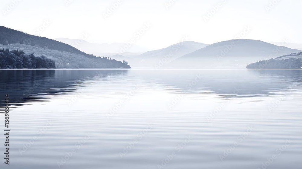 Calm lake water reflects the surrounding hills and distant mountains Calm lake water reflects the surrounding hills and distant mountains