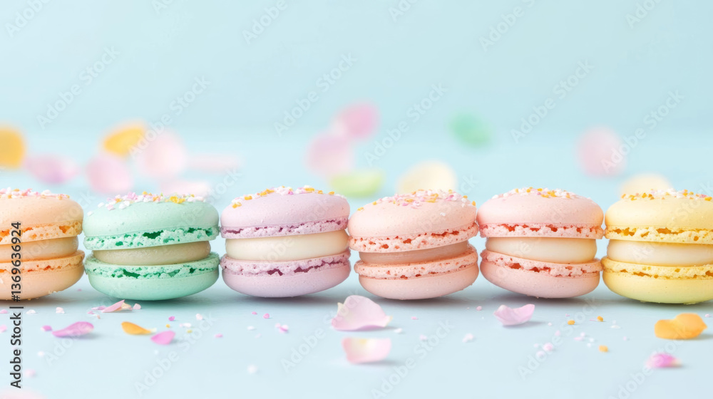 Delicious pastel macarons arranged beautifully with colorful petals Delicious pastel macarons arranged beautifully with colorful petals