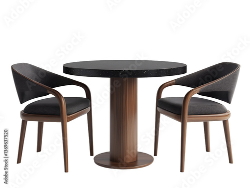 Dark speckled round table with two dark grey upholstered chairs on a transparent background, concept for cafe interior design, restaurant furniture, and home decor