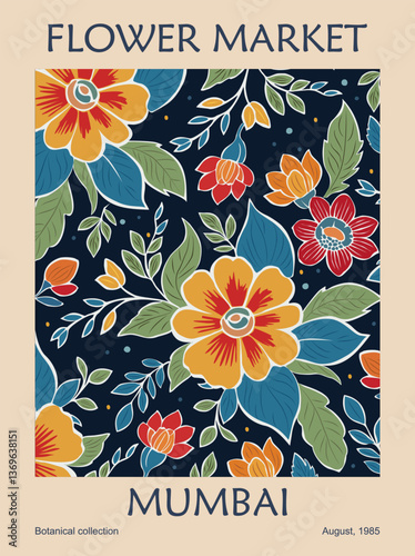 Abstract poster - Flower Market Mumbai. Trendy botanical wall art with floral design in earth tone colors. Modern naive groovy funky interior decoration, painting. Colorful vector art illustration.