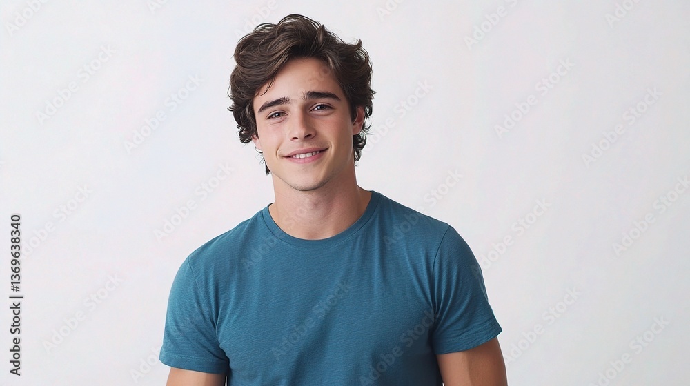 Obraz premium Young Man in Blue Shirt Standing Against Light Background