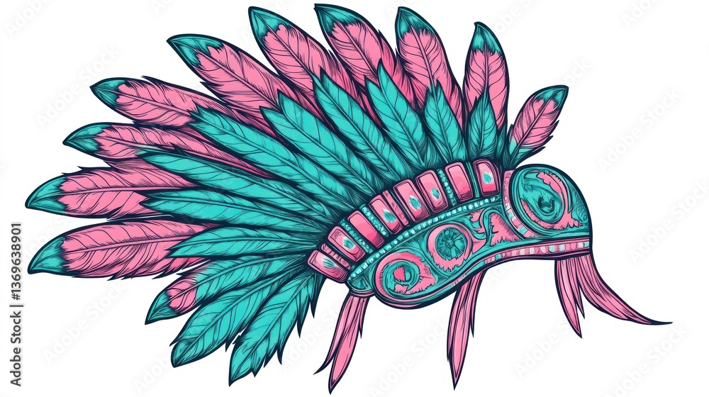 Fototapeta premium Pink teal headdress; Native American art; design element; fashion; illustration