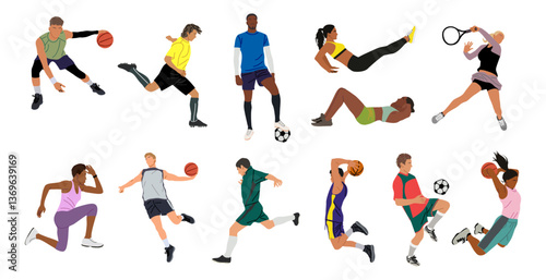 Collection of different men and women performing various sports activities. Set of training, exercising people isolated on white background. Vector realistic illustrations in cartoon style.