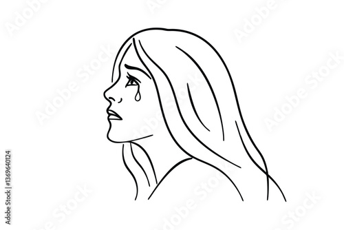 Weeping Woman Profile Line Art, Sadness, Grief, Sorrow, Tears