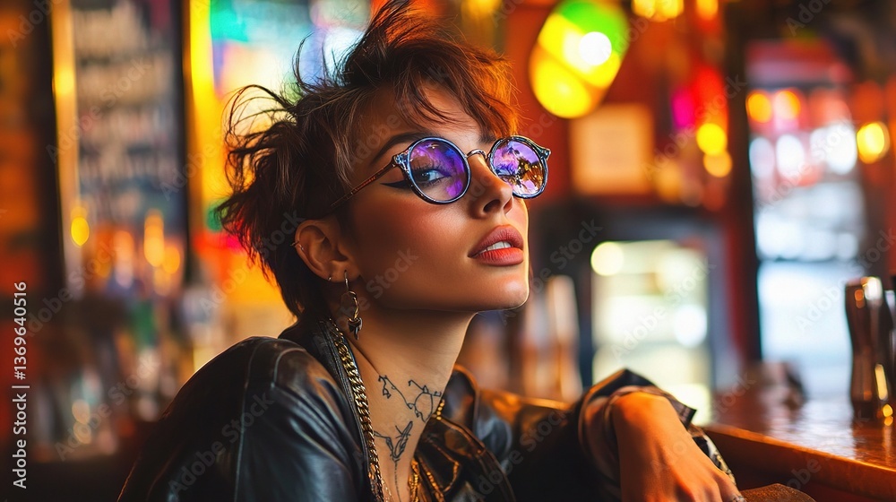 Obraz premium Young Stylish Queer Person Relaxing Inside Trendy Bar Atmosphere