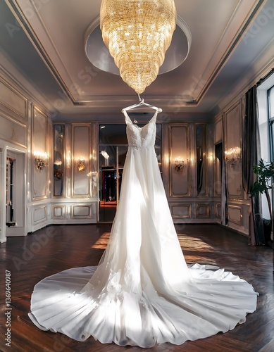 A beautiful young woman in a white wedding dress stands in the center of the fabulous bright