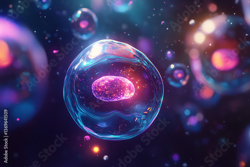 Glowing cells floating in vibrant cosmic scene.