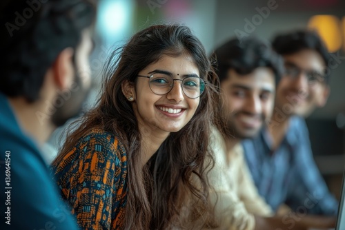Smiling woman amidst group of cheerful colleagues in casual setting