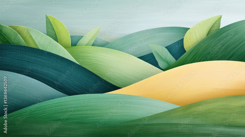 Obraz premium Abstract landscape with rolling hills and leaves, pastel colors