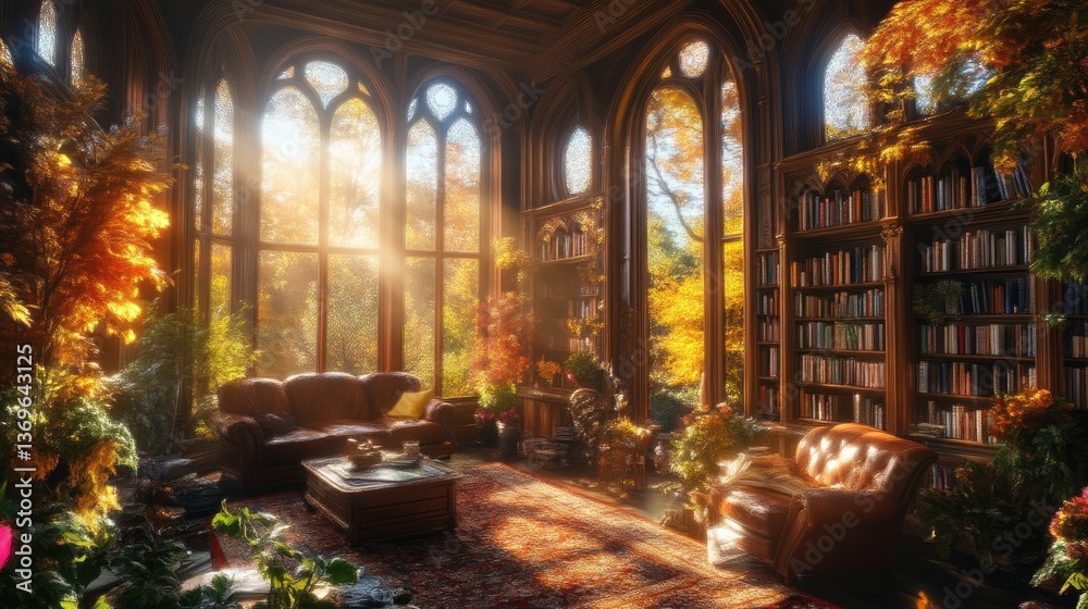 Obraz premium Sunlit library with autumnal foliage