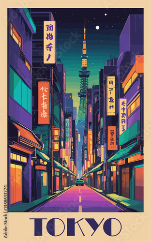 Tokyo, Japan Travel destination poster in retro style. Night cityscape colorful vector art illustration