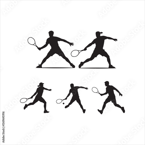 Tennis Players Silhouette Set Isolated On A White Background