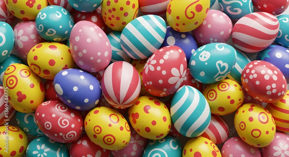Vibrant, festive Easter eggs with colorful patterns, glossy texture, joyful atmosphere. Vibrant, festive Easter eggs with colorful patterns, glossy texture, joyful atmosphere.