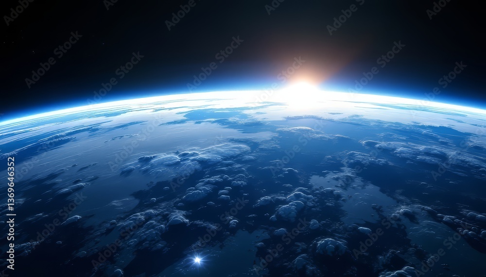 Fototapeta premium Earth From Space Sunrise View with Clouds and Atmospheric Glow