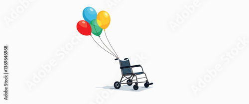 Child’s wheelchair with colorful balloons on white background, hope