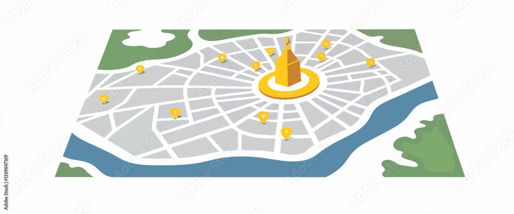 Tactile city map illustration with landmarks, urban navigation