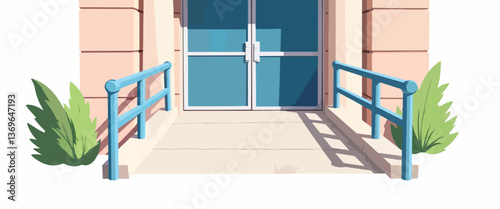 Accessible concert venue entrance with ramp and handrails, inclusivity
