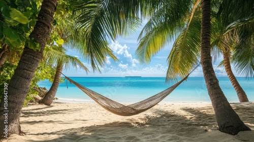 Hammock strung between palms on a sunny, sandy beach overlooking turquoise ocean. Perfect for travel, relaxation, vacation, or idyllic getaway concepts.