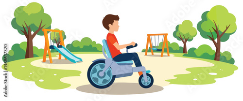Young boy enjoying mobility aid in vibrant park, promoting inclusivity