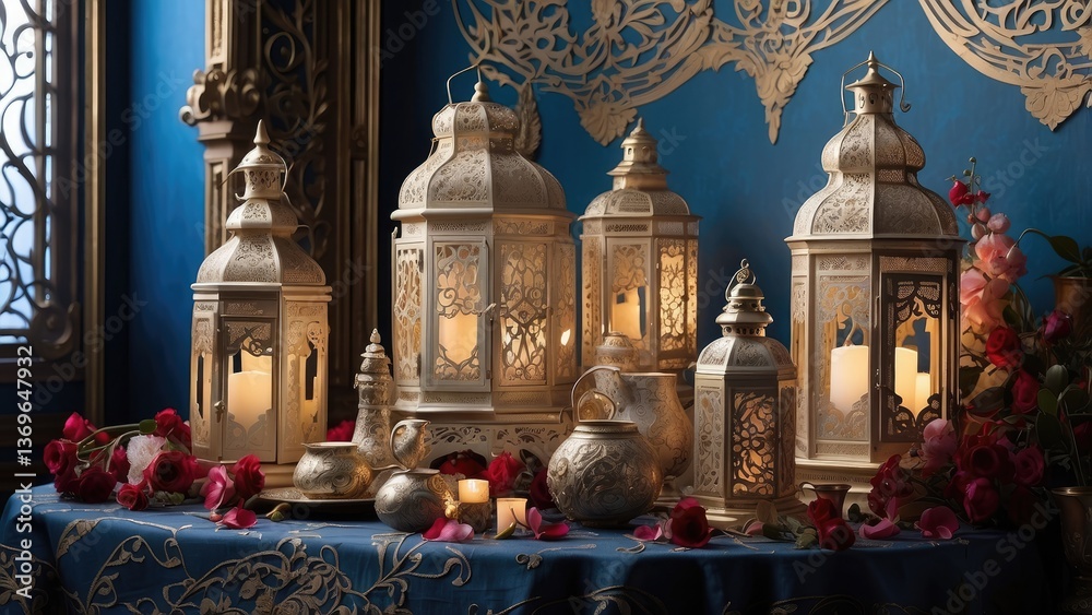 A beautifully arranged tabletop scene featuring ornate lanterns with intricate patterns, A beautifully arranged tabletop scene featuring ornate lanterns with intricate patterns,