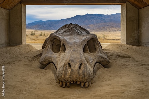 A mysterious dinosaur fossil partially buried in the desert, waiting to be uncovered by time